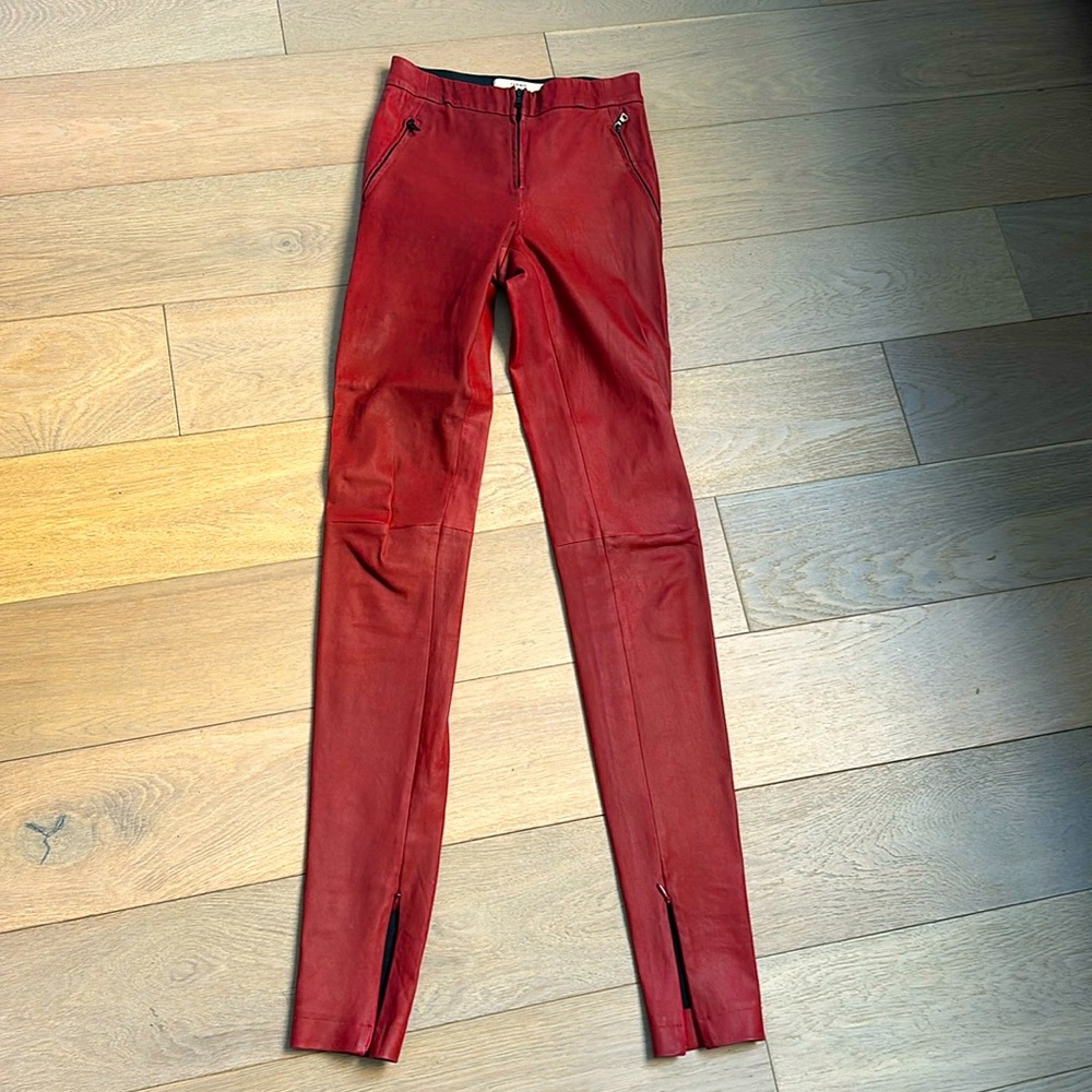 ROBERT RODRIGUEZ red leather skinny pants XS zips stretch 0